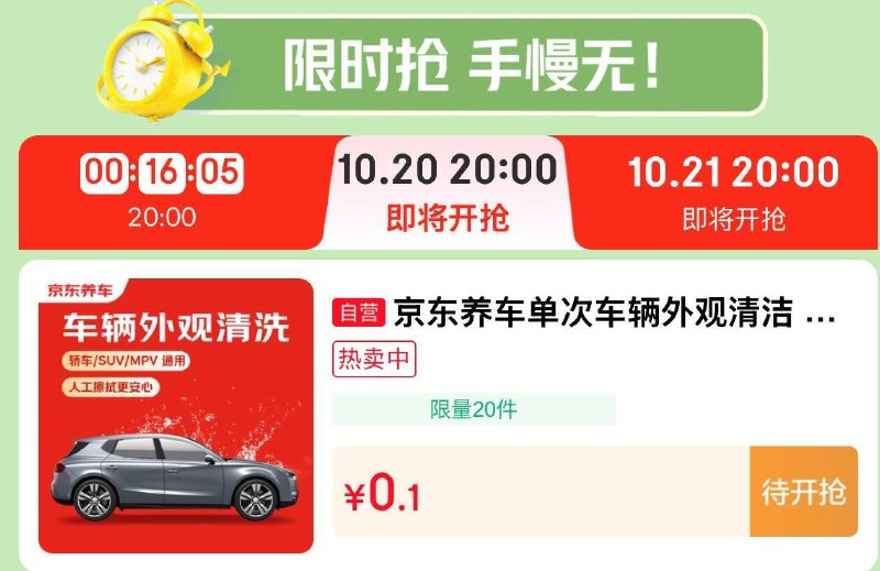 20点洗车巻0.1元秒