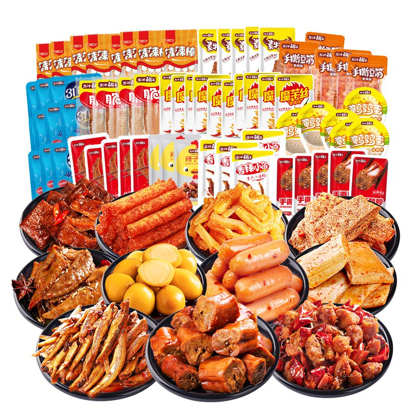 0点开始 36.8亓 任选4件凑300-30满减 预计31元【盐津铺子官方旗舰店】荤素零食大礼包超多窾任选(xbLW2IyfOn4)/烤脖 魔芋爽 小鱼干 蟹柳素肉妥妥的追剧休闲小零食份量足
