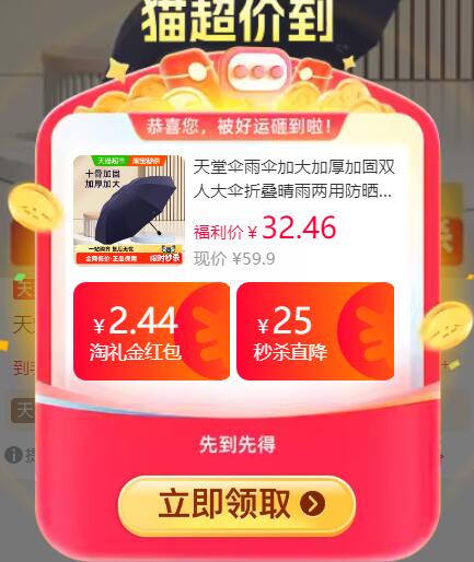 2.44礼金48.95元 猫超包邮天堂伞雨伞加大加厚加固双人大伞：/