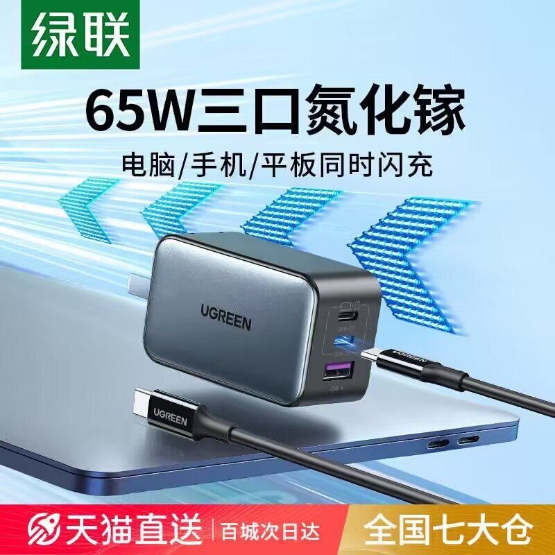 0点开始 先领券 74💵绿联65W氮化镓充电器头)tclLWadqCIB)/ CZ11//三口的，一顶三，体积小巧便携GaN黑科技，更导热，提升速度减少38%充电器体积 发热量更小