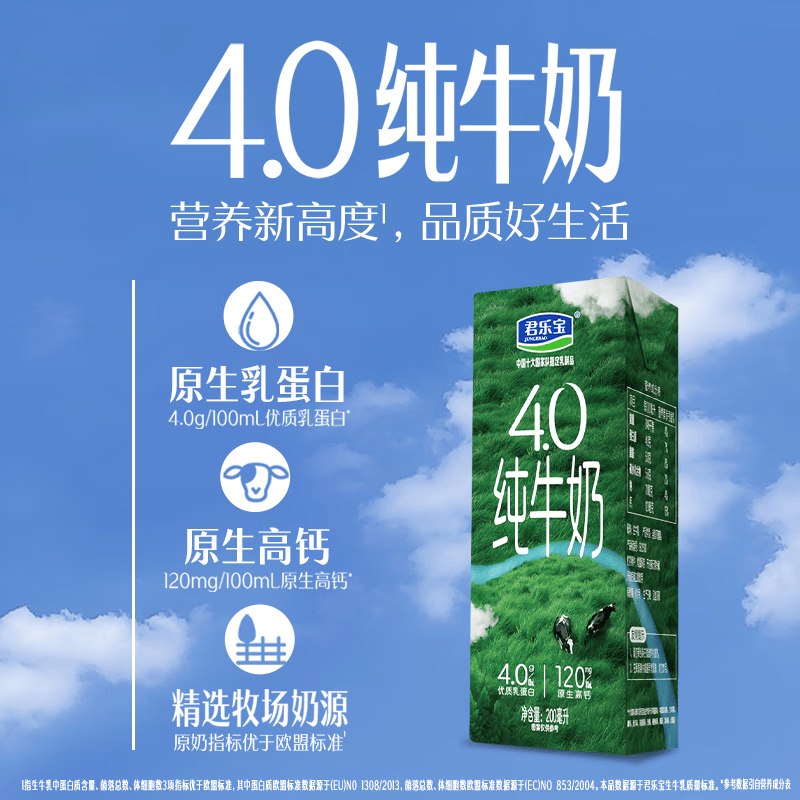 自营君乐宝 全脂纯奶 200mL*24瓶1.9/瓶！！Plus拍2件叠首购92.74元
