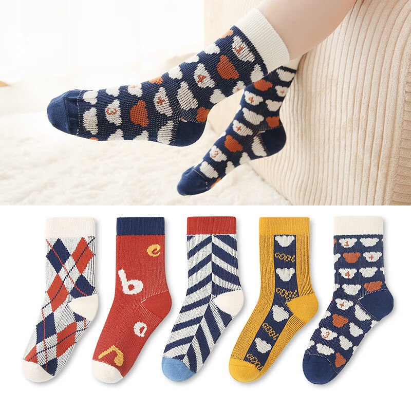 六指鼠 儿童秋冬潮ins双针厚棉袜5双