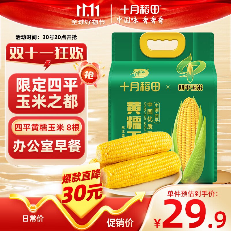 2件49反24卡十月稻田 四平黄糯玉米 3.52斤(220g*8根)