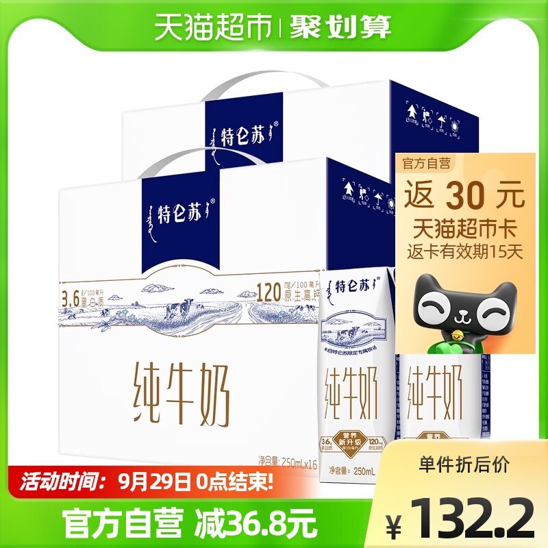 131.5元 【天猫超市包邮】返30元猫超卡到手101.5元蒙牛特仑苏纯牛奶250ml*32盒(ZsBs2CZlqmf)/ CZ1188vip到手94.98元 折2.9元/盒