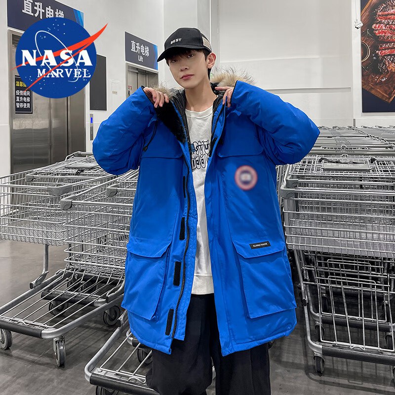 NASA MARVEL连帽潮牌工装羽绒服男