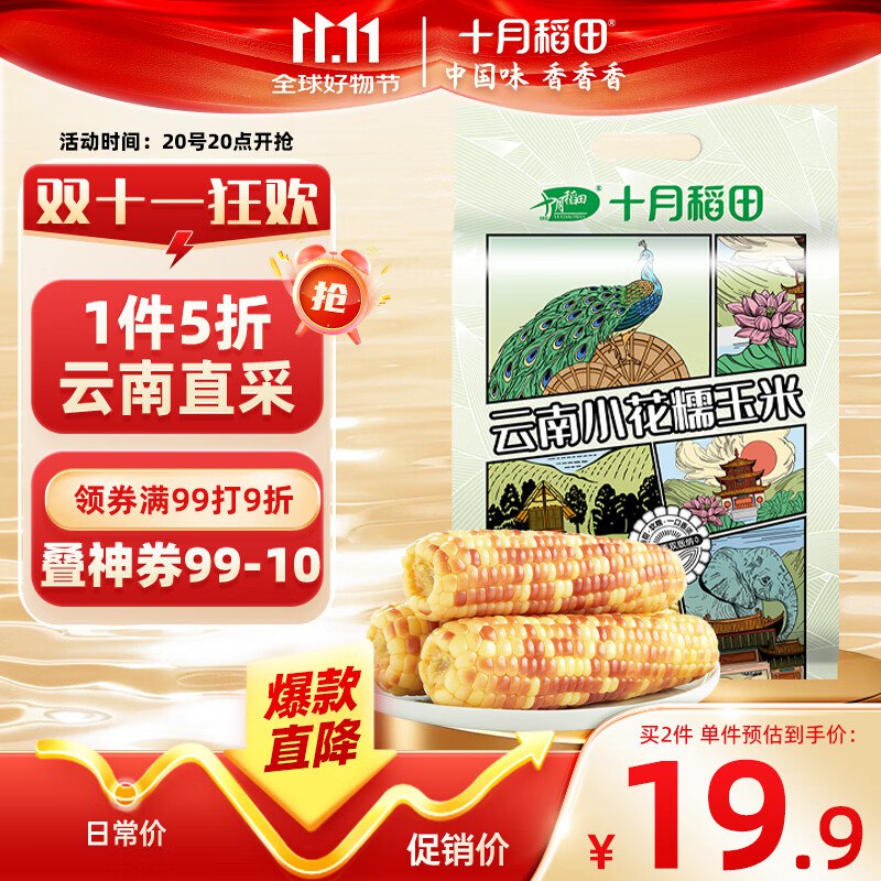 十月稻田 云南小花糯玉米 3斤(7-12根)拍2件 每件15.8 反5超市卡
